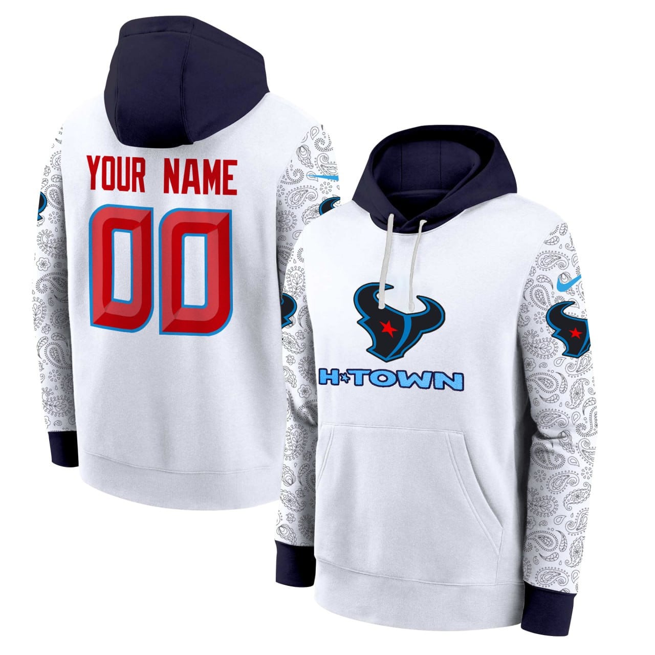 Alternative view of Texans Paisley White Hoodie - Texans Custom White Paisley Hoodie - Red