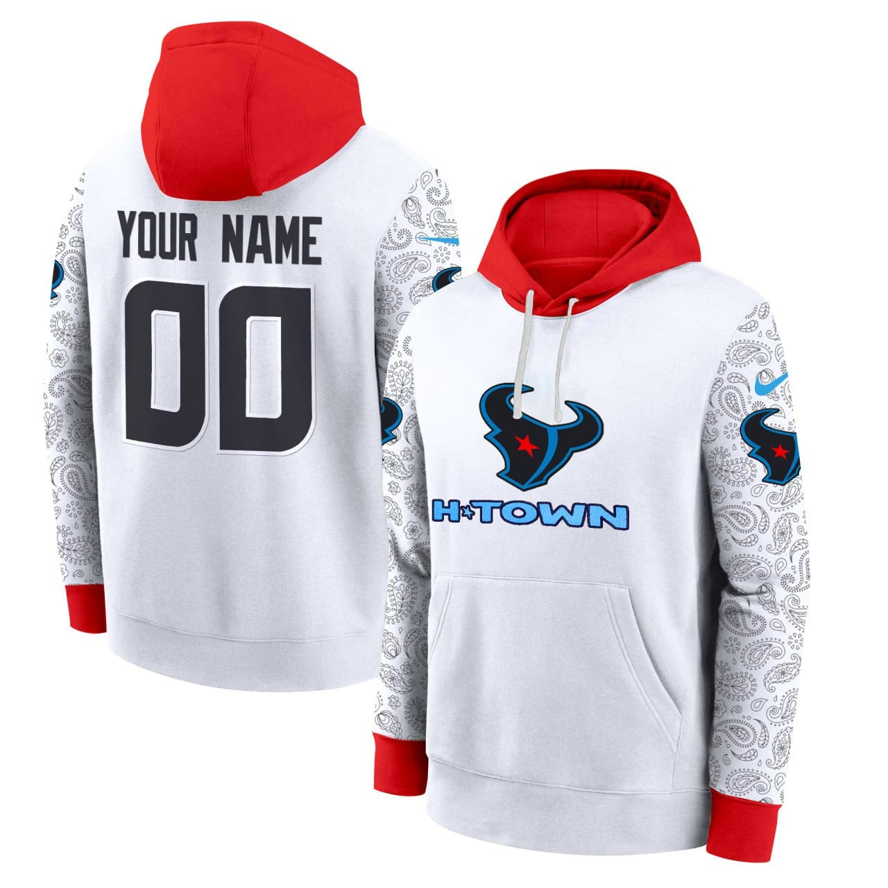 Texans Paisley White Hoodie - Texans Custom White Paisley Hoodie - Red