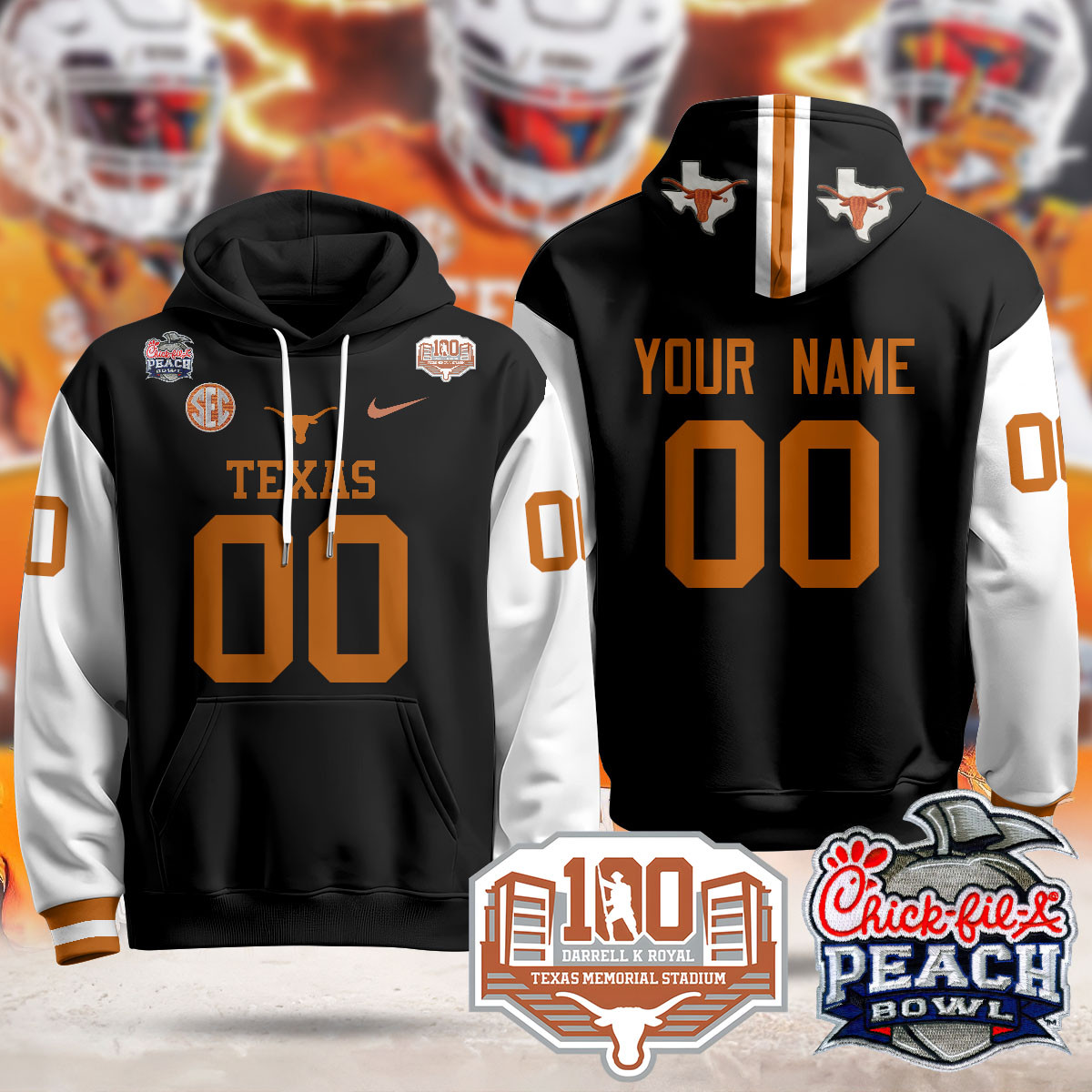 Texas Longhorns Black Hoodie - Custom Name & Number