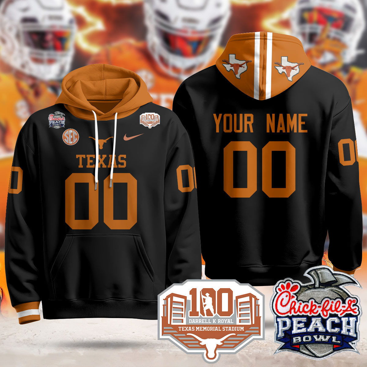 Alternative view of Texas Longhorns Black Hoodie - Custom Name & Number