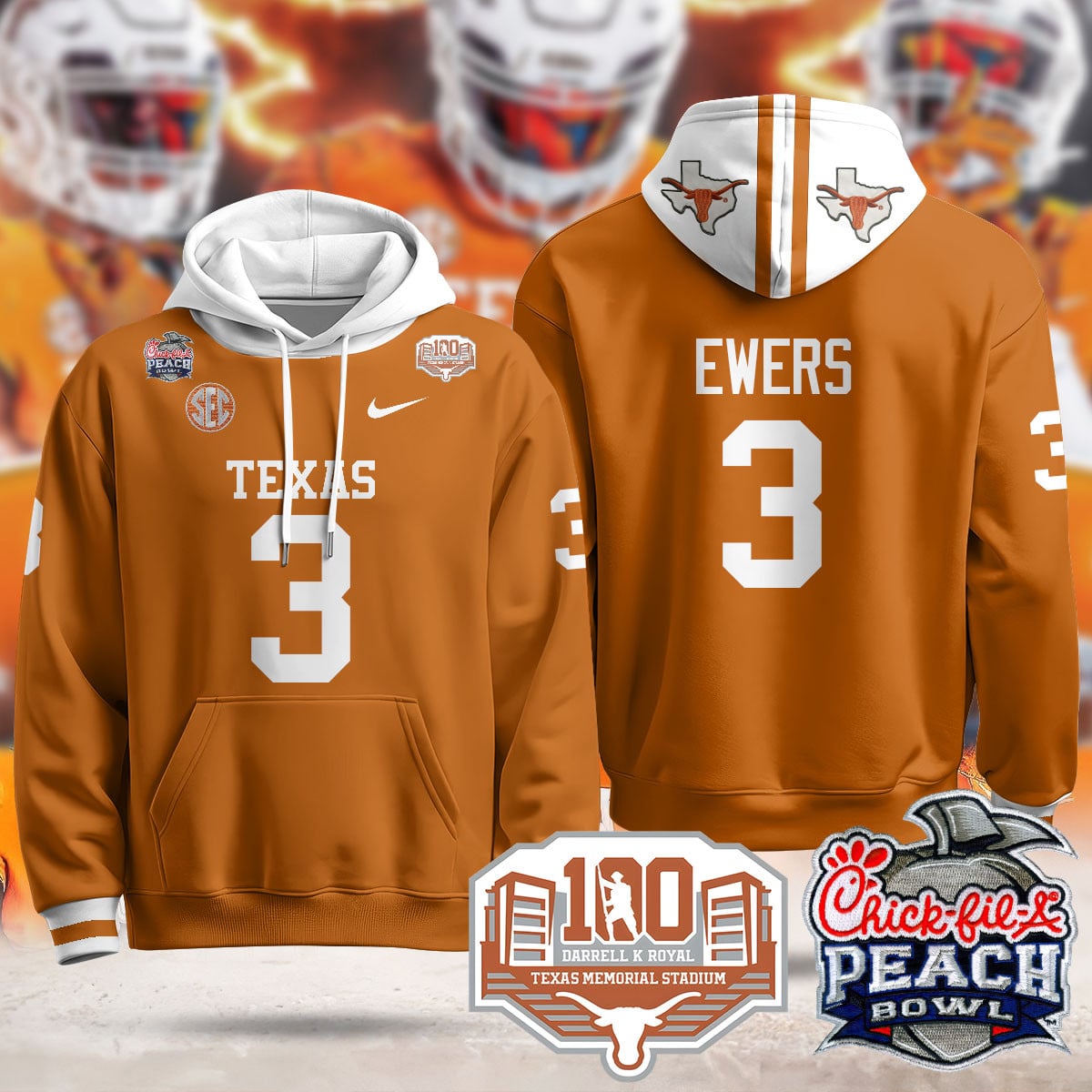 Texas Longhorns Ewers Hoodie - Nike Texas Longhorns Ewers #3 Burnt