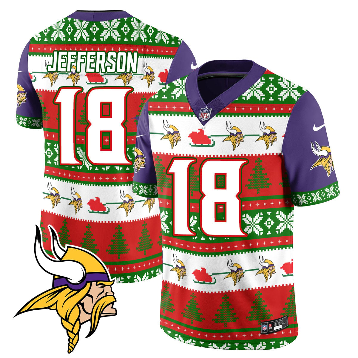 Vikings Jefferson Ugly Christmas Jersey - Nike Vikings Jefferson #18